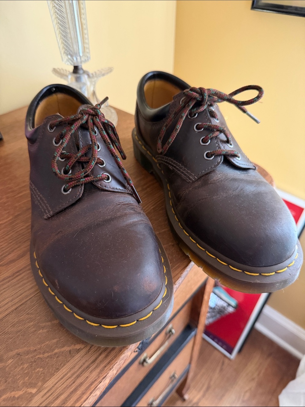 Dr. Martens Brown 3-Eye Derby Oxfords with Yellow Stitching Crazy Horse